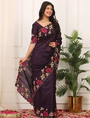 purple color multi color thread work on border with cutwork silk blend saree 2