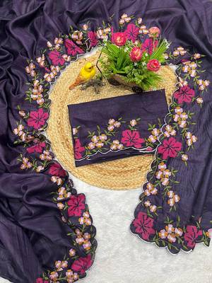 purple color multi color thread work on border with cutwork silk blend saree 3