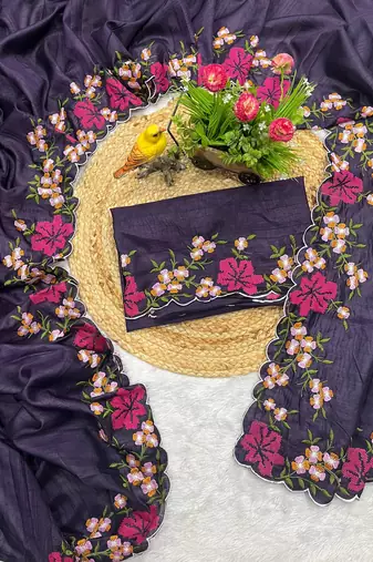 purple color multi color thread work on border with cutwork silk blend saree