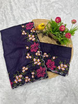 purple color multi color thread work on border with cutwork silk blend saree 5