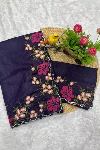 purple color multi color thread work on border with cutwork silk blend saree