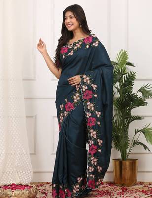 teal color multi color thread work on border with cutwork silk blend saree 2