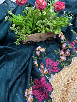 teal color multi color thread work on border with cutwork silk blend saree 3