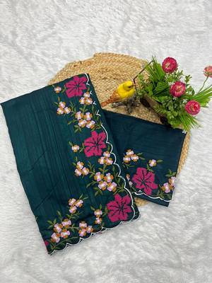 teal color multi color thread work on border with cutwork silk blend saree 5