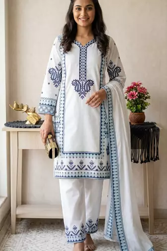 white color designer embroidery work rayon kurti palazzo set
