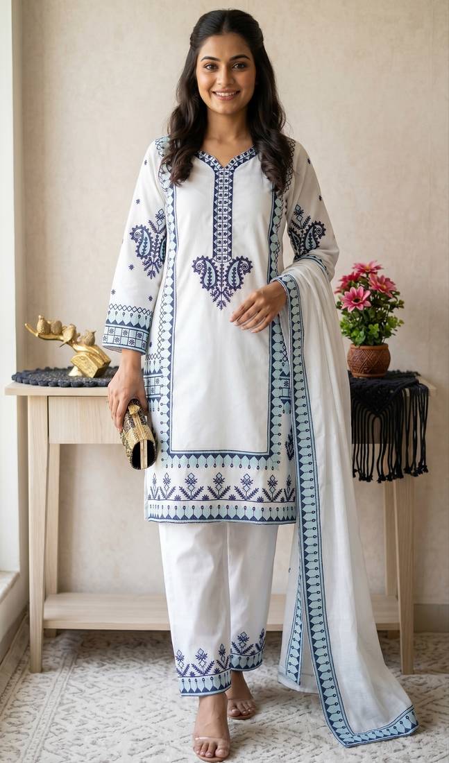 white color designer embroidery work rayon kurti palazzo set
