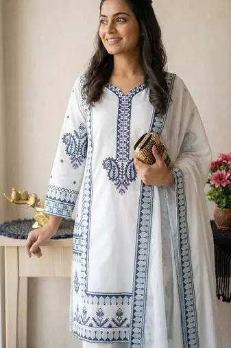 white color designer embroidery work rayon kurti palazzo set