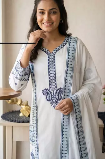 white color designer embroidery work rayon kurti palazzo set