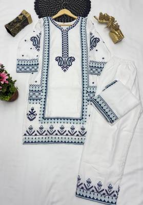 white color designer embroidery work rayon kurti palazzo set 5