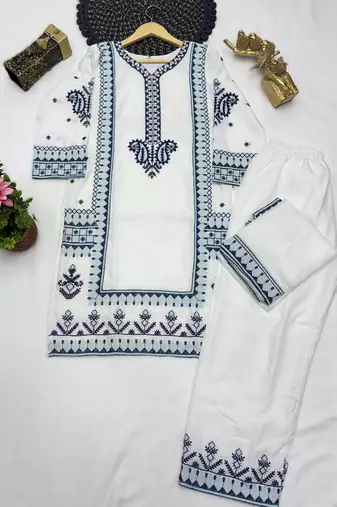 white color designer embroidery work rayon kurti palazzo set