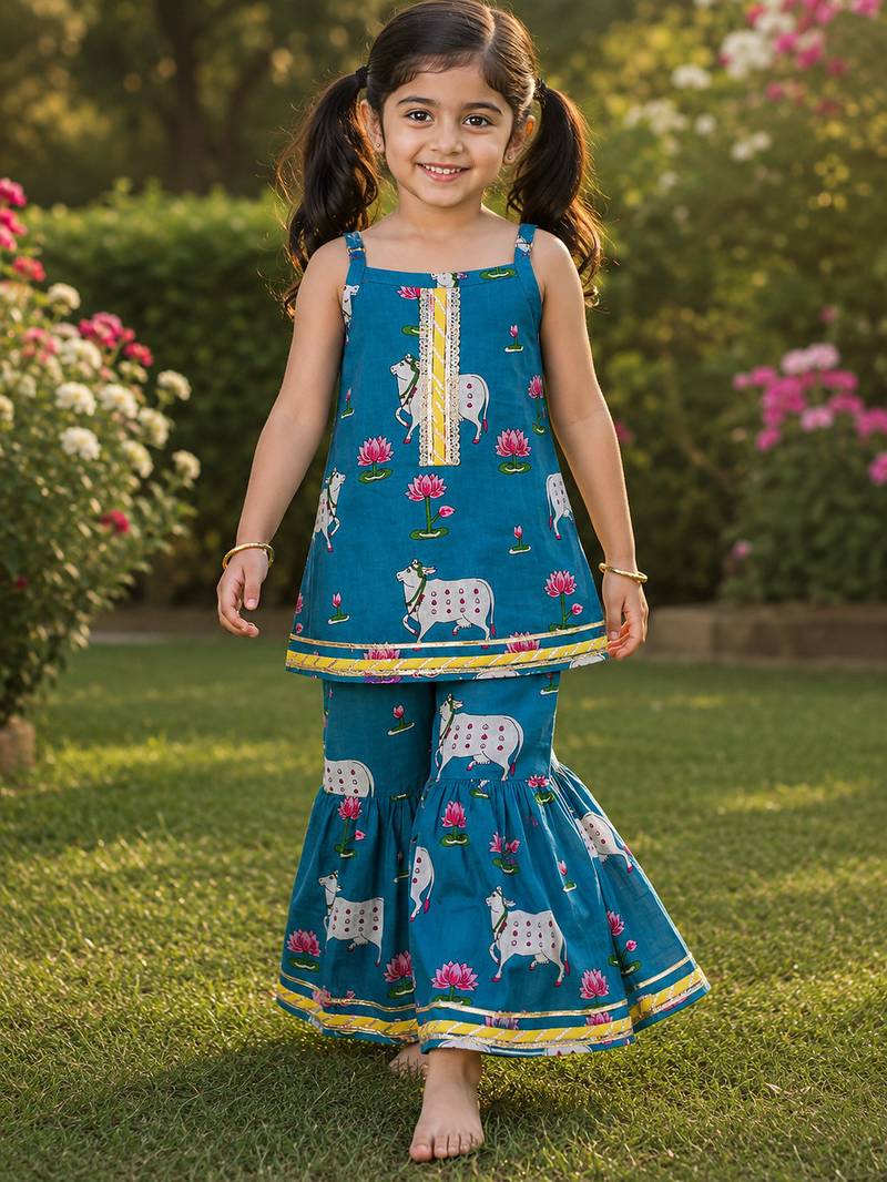 Girls Sleeveless Cotton Kurta & Churidar Salwar Set