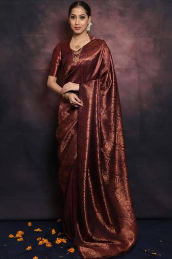 Dark maroon silk blend woven saree with banarasi silk