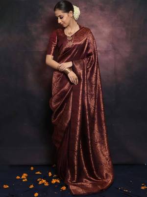 Dark maroon silk blend woven saree with banarasi silk 2