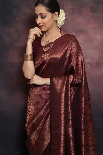 Dark maroon silk blend woven saree with banarasi silk