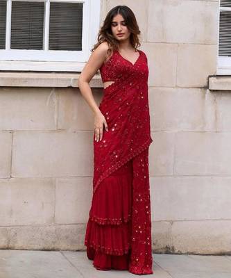 Dark red georgette embroidered saree with sequins work 1