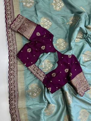 Dark sky blue silk blend woven saree with zari woven 1