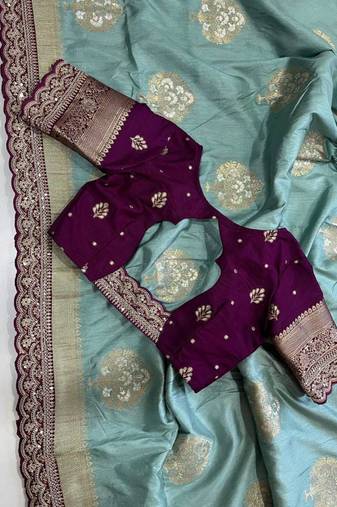 Dark sky blue silk blend woven saree with zari woven
