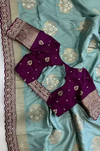 Dark sky blue silk blend woven saree with zari woven