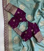 Dark sky blue silk blend woven saree with zari woven