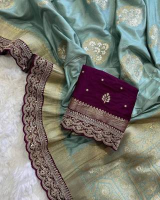 Dark sky blue silk blend woven saree with zari woven 2
