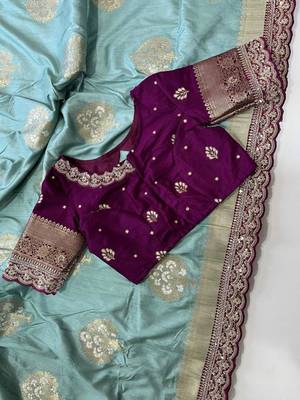 Dark sky blue silk blend woven saree with zari woven 3
