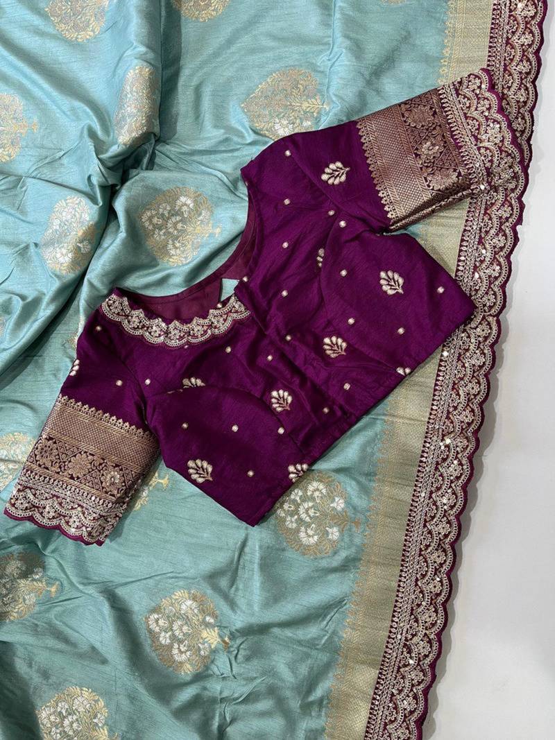 Dark sky blue silk blend woven saree with zari woven