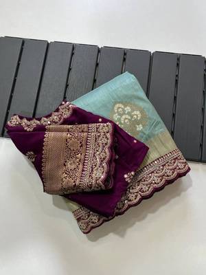 Dark sky blue silk blend woven saree with zari woven 4