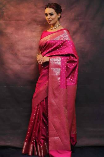 Pink silk blend woven saree with banarasi silk