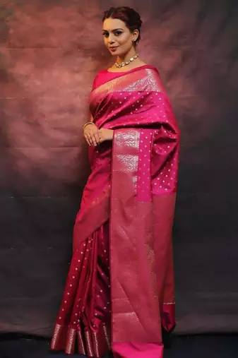 Pink silk blend woven saree with banarasi silk