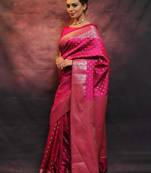 Pink silk blend woven saree with banarasi silk