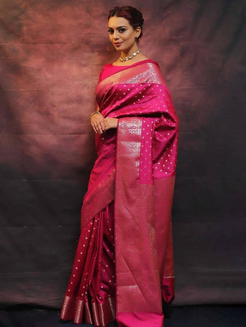 Pink silk blend woven saree with banarasi silk