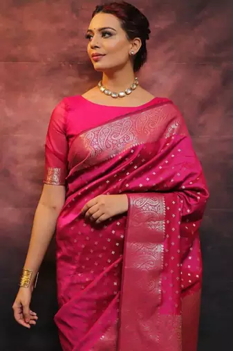 Pink silk blend woven saree with banarasi silk