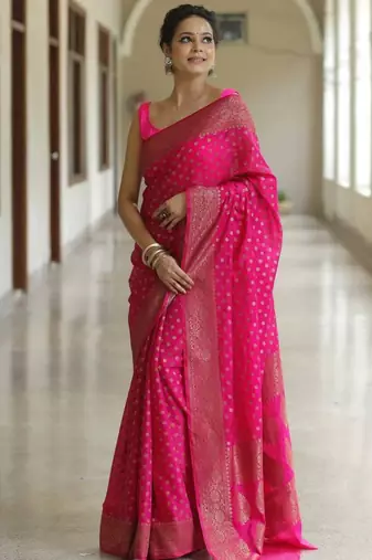 Pink silk blend woven saree with banarasi silk