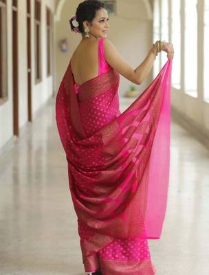 Pink silk blend woven saree with banarasi silk 2