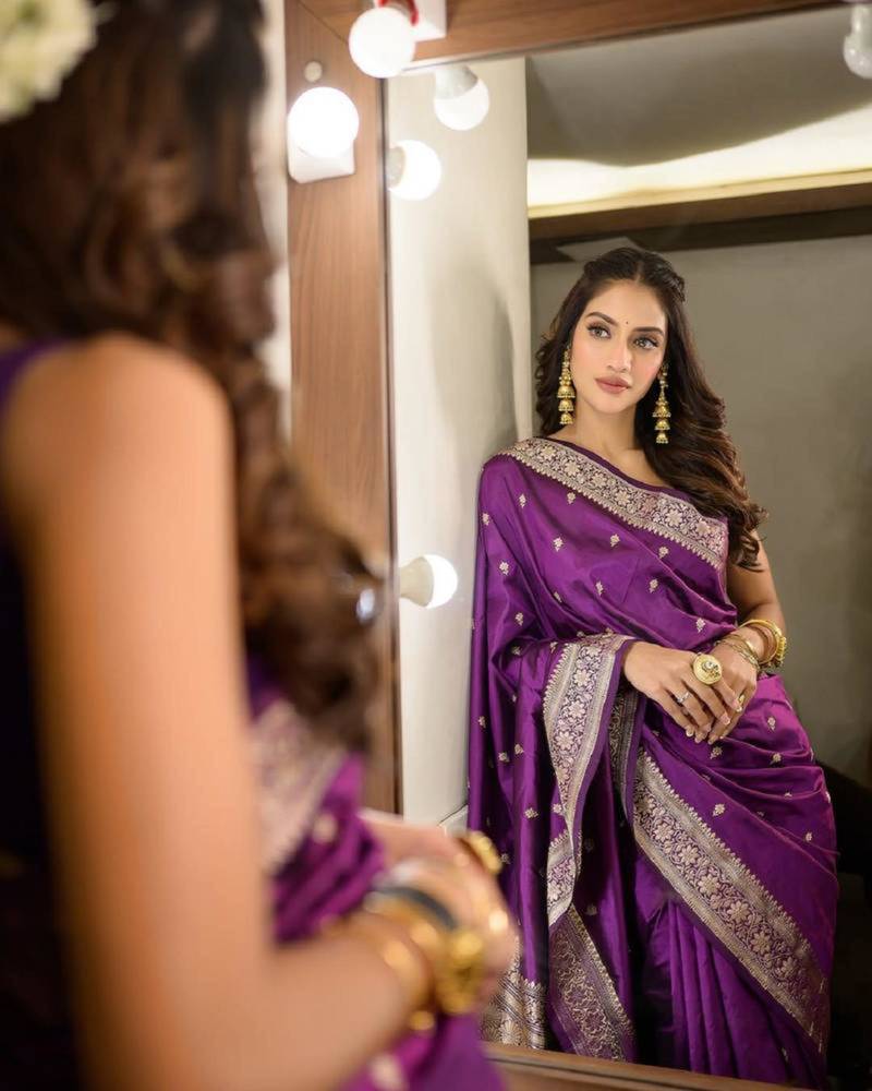 Purple silk blend woven saree with banarasi silk
