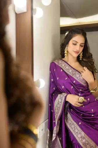 Purple silk blend woven saree with banarasi silk