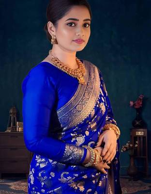 Blue silk blend woven saree with banarasi silk 3