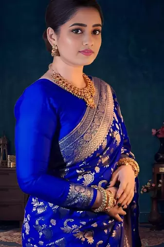 Blue silk blend woven saree with banarasi silk