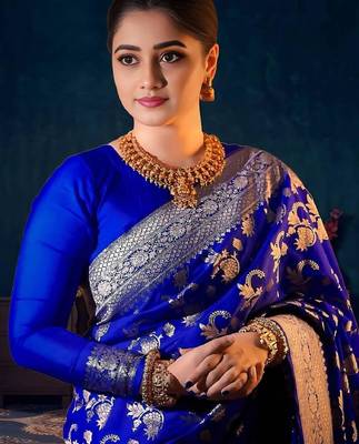 Blue silk blend woven saree with banarasi silk 4