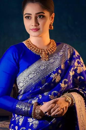 Blue silk blend woven saree with banarasi silk