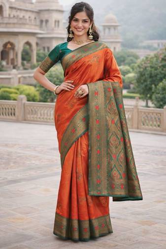 Dark orange silk blend woven saree with zari work