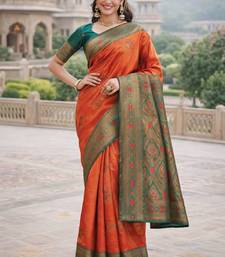 Dark orange silk blend woven saree with zari work