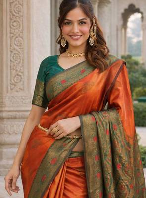 Dark orange silk blend woven saree with zari work 3