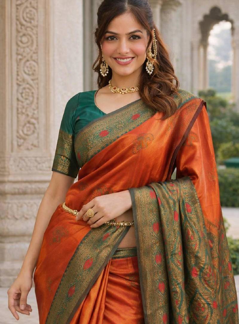 Dark orange silk blend woven saree with zari work