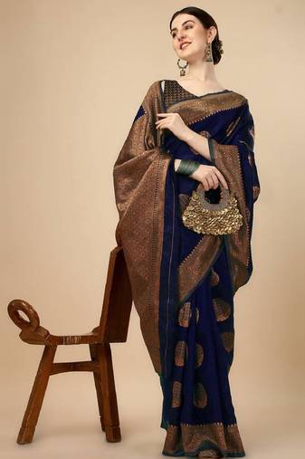 Dark blue silk blend woven saree with banarasi silk