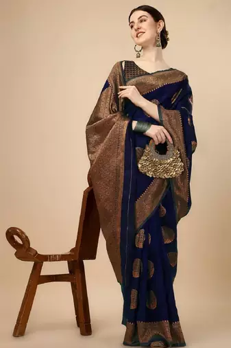 Dark blue silk blend woven saree with banarasi silk