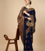Dark blue silk blend woven saree with banarasi silk