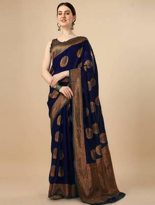 Dark blue silk blend woven saree with banarasi silk 2