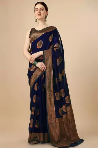 Dark blue silk blend woven saree with banarasi silk
