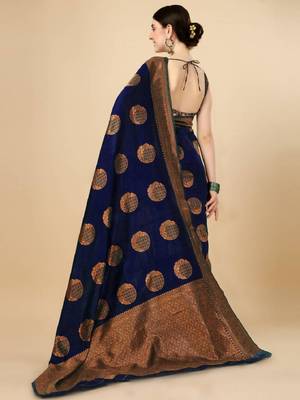 Dark blue silk blend woven saree with banarasi silk 3